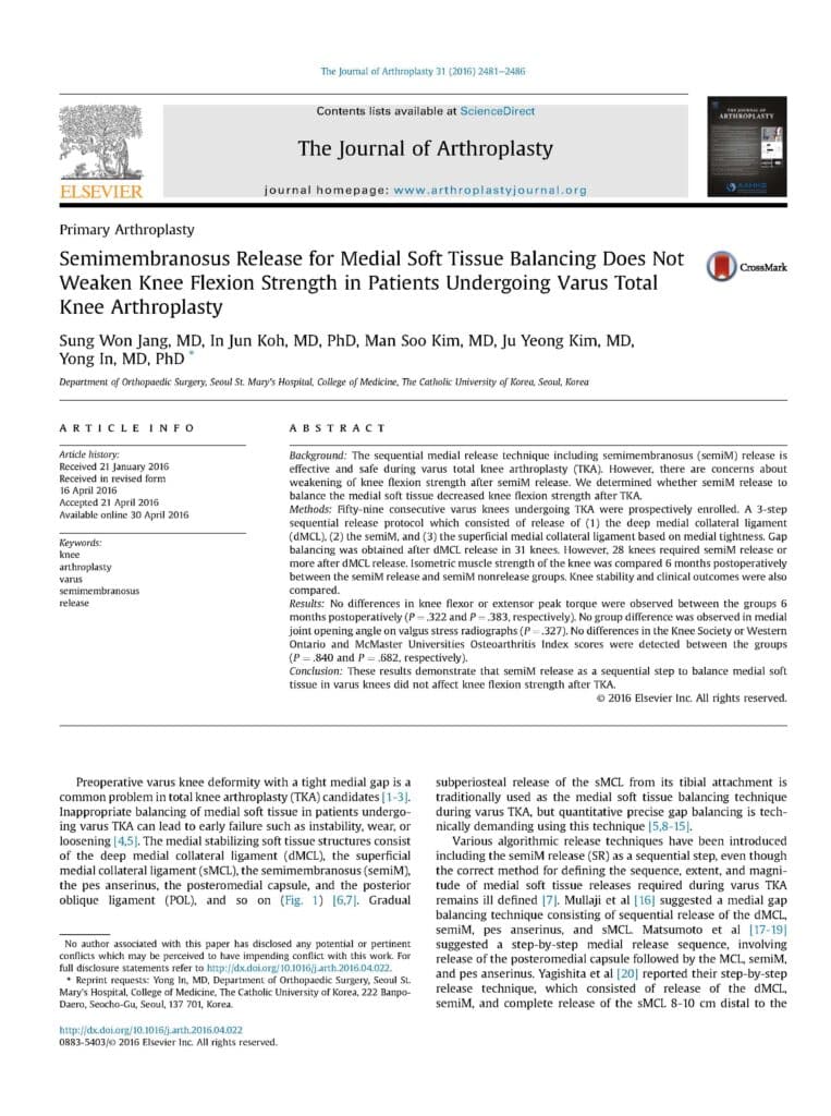 2016_Semimembranosus Release for Medial Soft Tissue Balancing Does Not Weaken Knee Flexion Strength in Patients Undergoing Varus Total Knee Arthroplasty - page 1