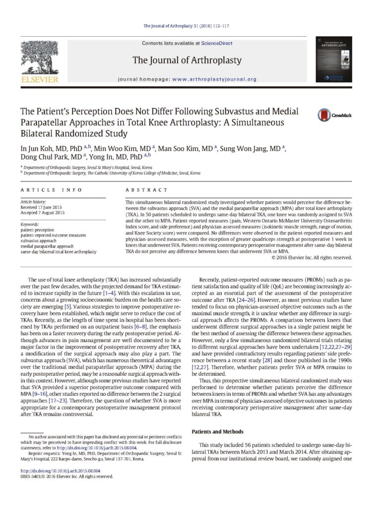 2016_The Patient s Perception Does Not Differ Following Subvastus and Medial Parapatellar Approaches in Total Knee Arthroplasty - page 1