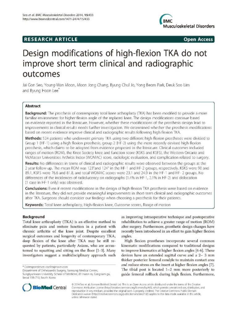 2014_Design modifications of high-flexion TKA do not improve short term clinical and radiographic outcomes - page 1