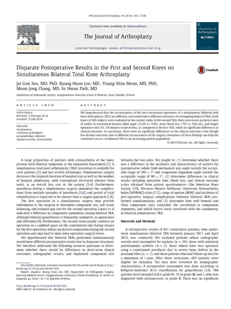 2014_Disparate Postoperative Results in the First and Second Knees on Simultaneous Bilateral Total Knee Arthroplasty - page 1