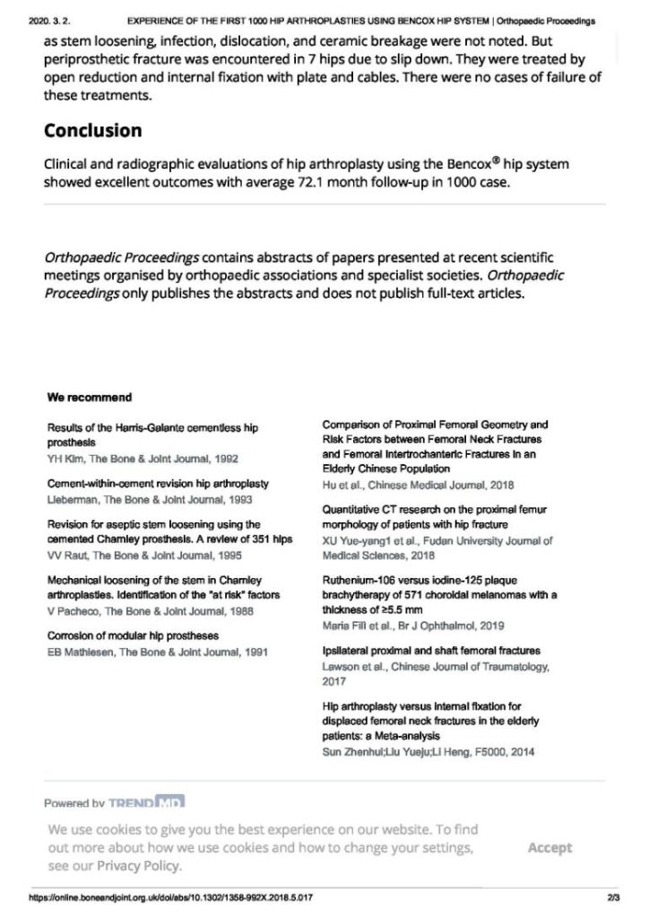 JM Lee et al., EXPERIENCE OF THE FIRST 1000 HIP ARTHROPLASTIES USING BENCOX HIP SYSTEM, Orthopaedic Proceedings, 2018 - page 2