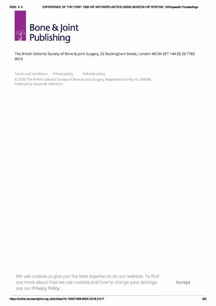JM Lee et al., EXPERIENCE OF THE FIRST 1000 HIP ARTHROPLASTIES USING BENCOX HIP SYSTEM, Orthopaedic Proceedings, 2018 - page 3