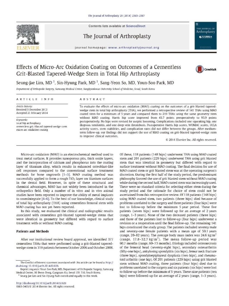 SJ Lim et al., Effects of Micro-Arc Oxidation Coating on Outcomes of a Cementless Grit-Blasted Tapered-Wedge Stem in THA, - page 1