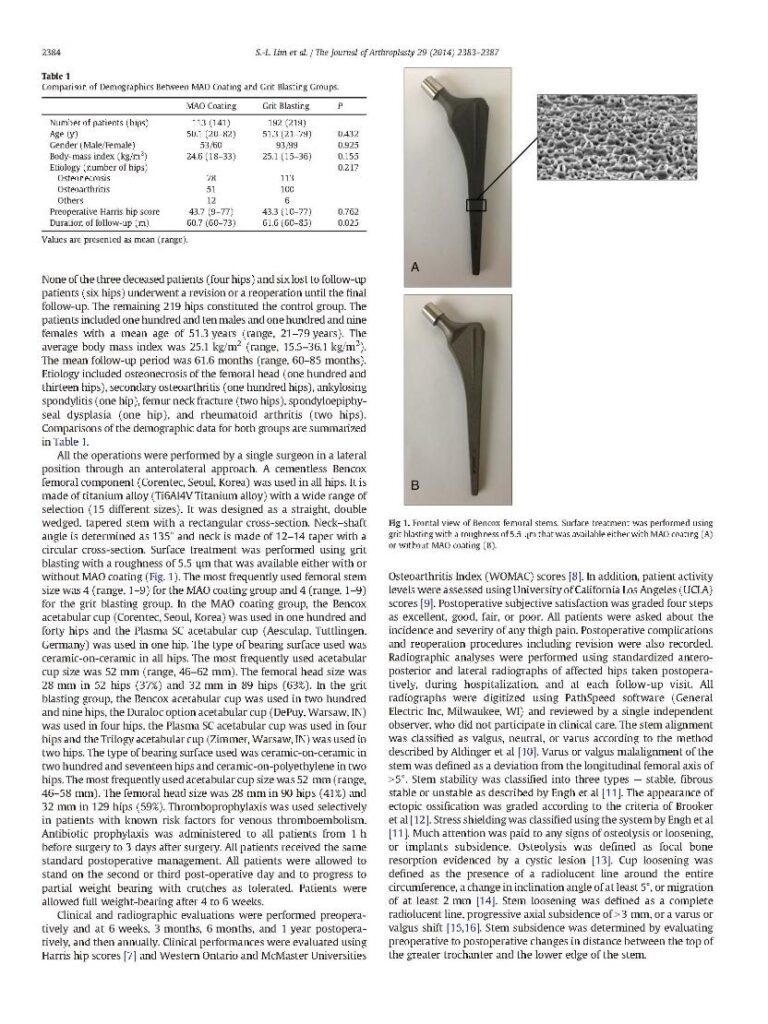 SJ Lim et al., Effects of Micro-Arc Oxidation Coating on Outcomes of a Cementless Grit-Blasted Tapered-Wedge Stem in THA, - page 2