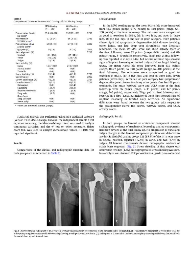 SJ Lim et al., Effects of Micro-Arc Oxidation Coating on Outcomes of a Cementless Grit-Blasted Tapered-Wedge Stem in THA, - page 3