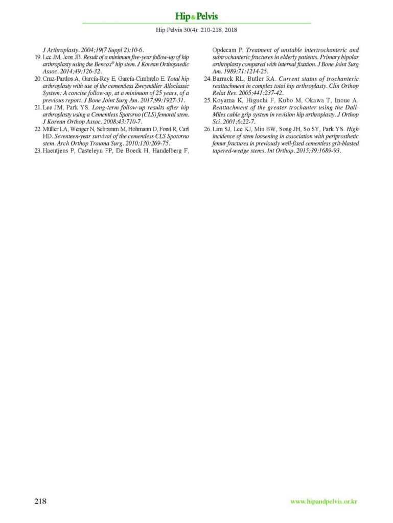 JM Lee et al., Hip Arthroplasty Using the Bencox Hip System 1000 cases, Hip&Pelvis, 2018 - page 9