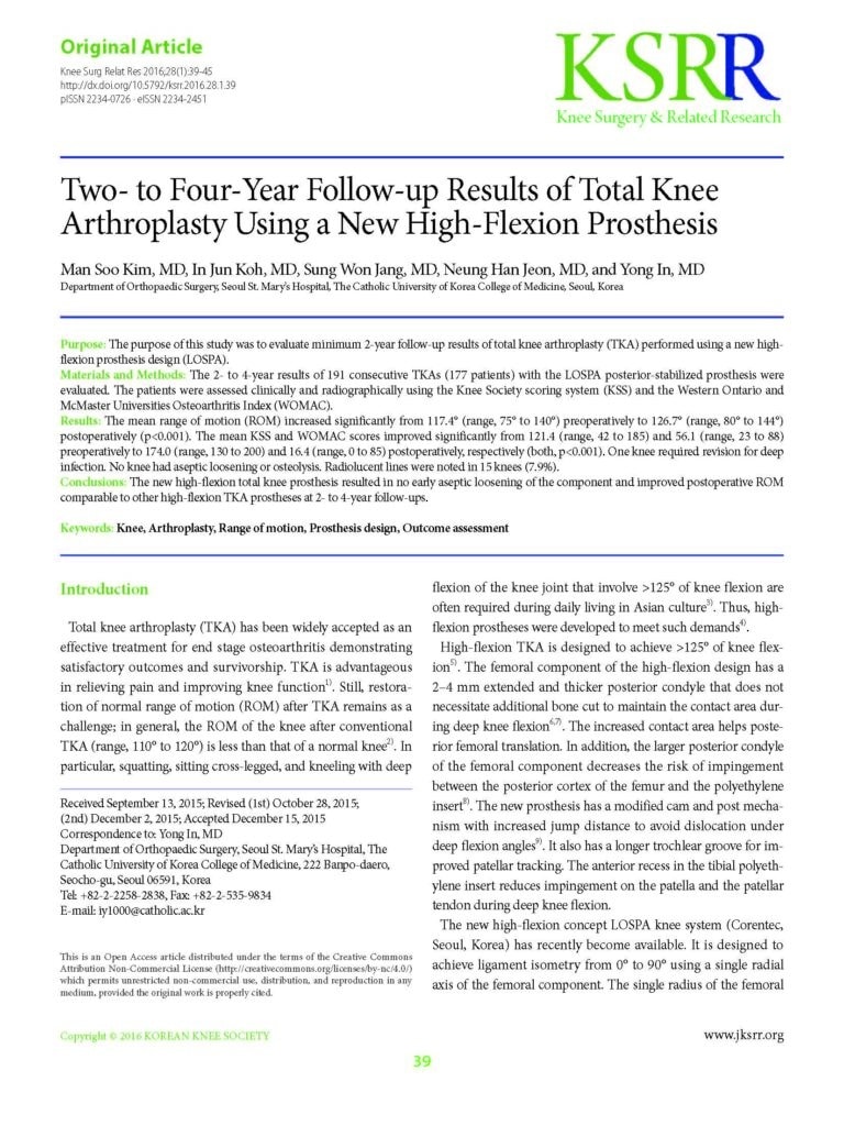 Two- to Four-Year Follow-up Results of Total Knee Arthroplasty Using a New High-Flexion Prosthesis - page 1